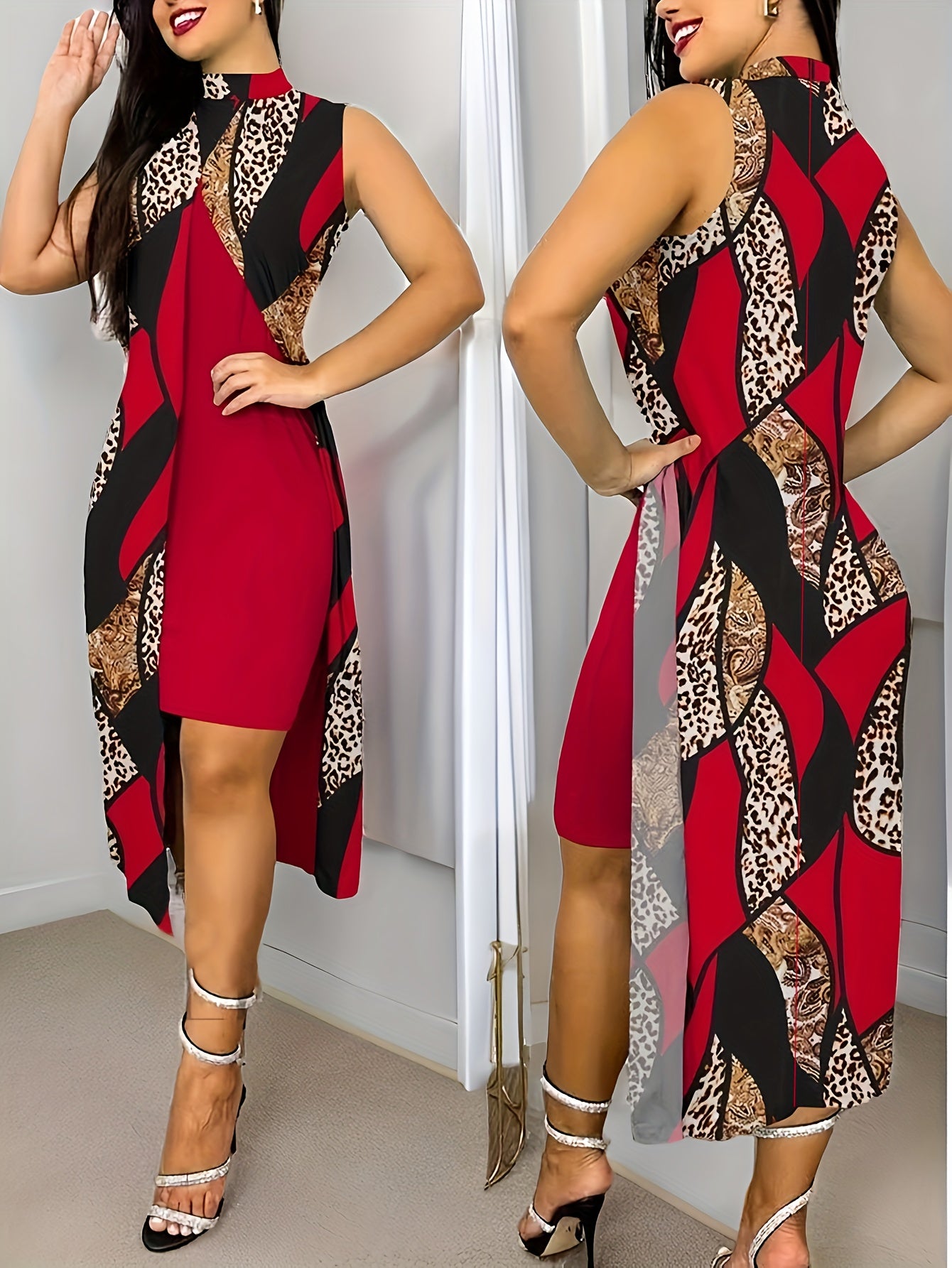 Women's Round Neck Printed Faux Two-Piece Design Slim Fit High-Waisted Dress